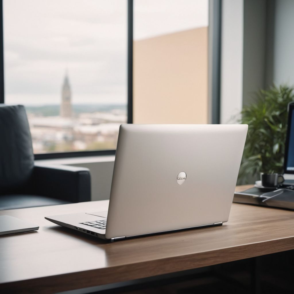 A modern, sleek laptop with a ribbon on it, placed on a stylish office desk, in a contemporary office setting, Photographic, captured in a detailed, high-resolution style emphasizing the idea of a tech upgrade.