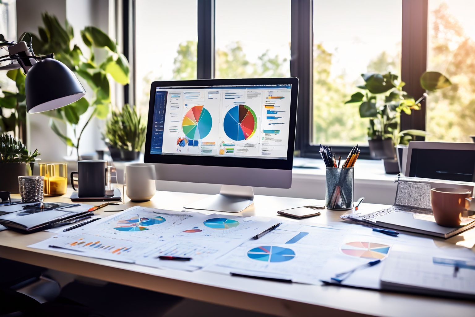 A detailed workspace with marketing strategy planning documents, digital tools on a laptop, notes, and charts, in a well-lit office, professional and focused atmosphere, Photograph, with a sharp focus and natural light highlighting the details.