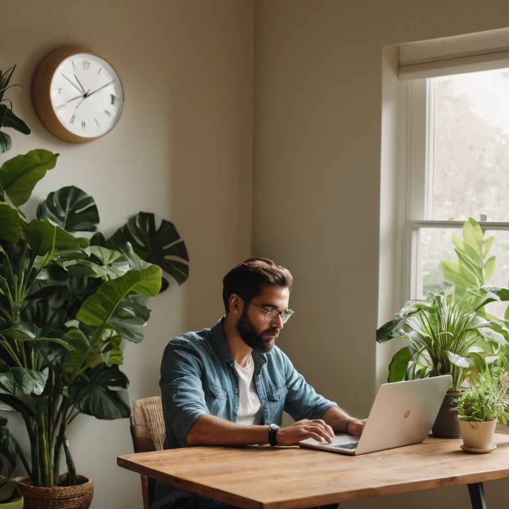A relaxed remote work setup with a person working on a laptop in a bright, plant-filled room, showing a clock displaying end of work hours, in a photographic style, captured with natural light to emphasize a balanced work-life environment.