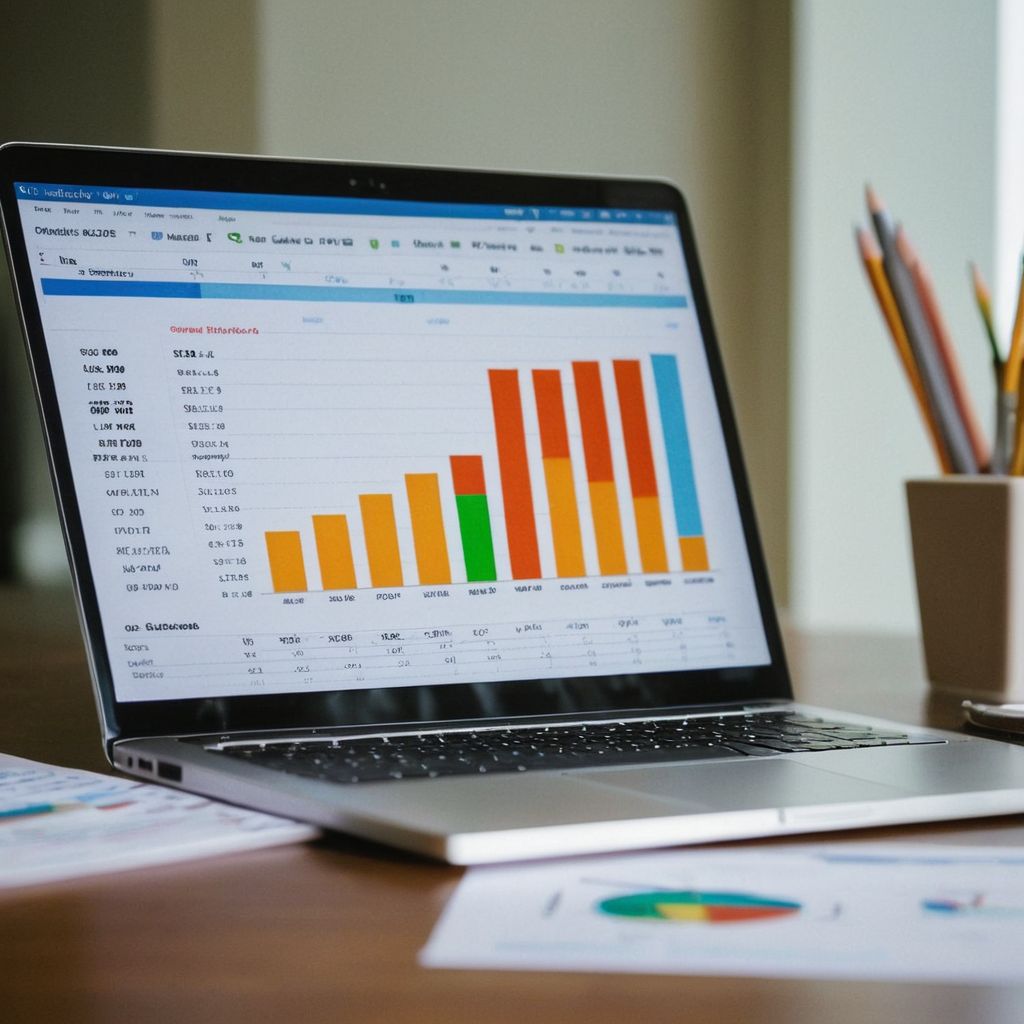 A detailed view of a marketing budget spreadsheet on a laptop with graphs and financial documents around, in a bright, orderly office setting, Photographic, Photography with close-up lens and natural light.