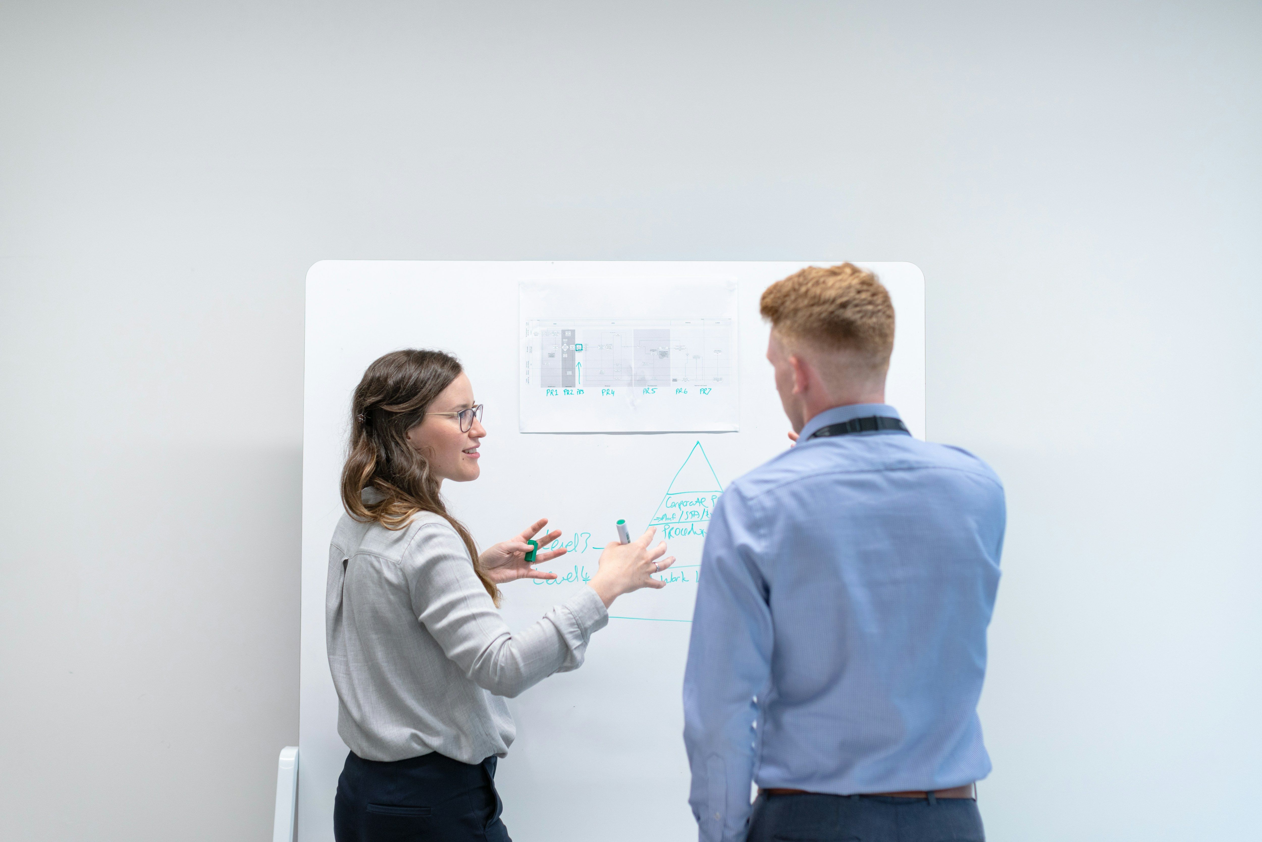 a man and a woman standing in front of a whiteboard