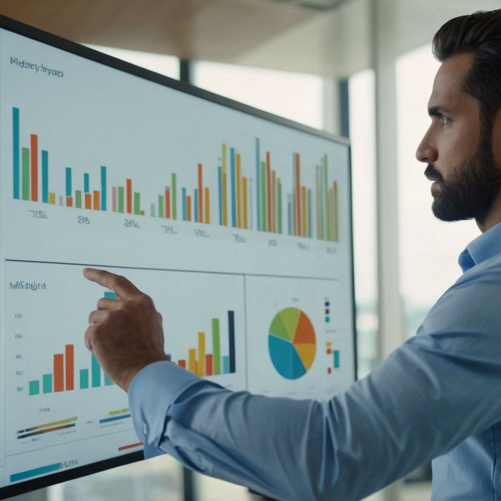 Business professional analyzing graphs on digital screen, focused man in a modern office environment looking at colorful charts, office with contemporary decor, the image conveys focus and strategic thinking, Photographic, captured using a sharp focus lens to highlight the clarity of the graphs.