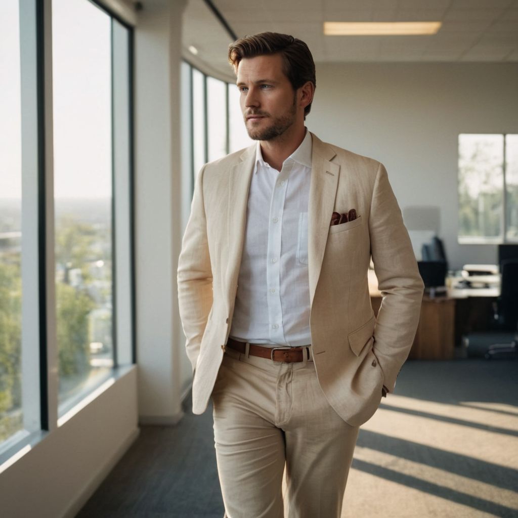 Man in a light linen blazer and loafers, casually standing in a sunny, modern office, Photographic, Photography with natural sunlight and a wide angle lens.