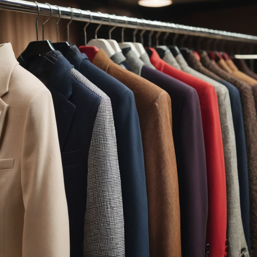 Close-up of different styles of blazers on a rack in a fashionable store setting, Photographic, Photography with detailed textures and professional lighting.