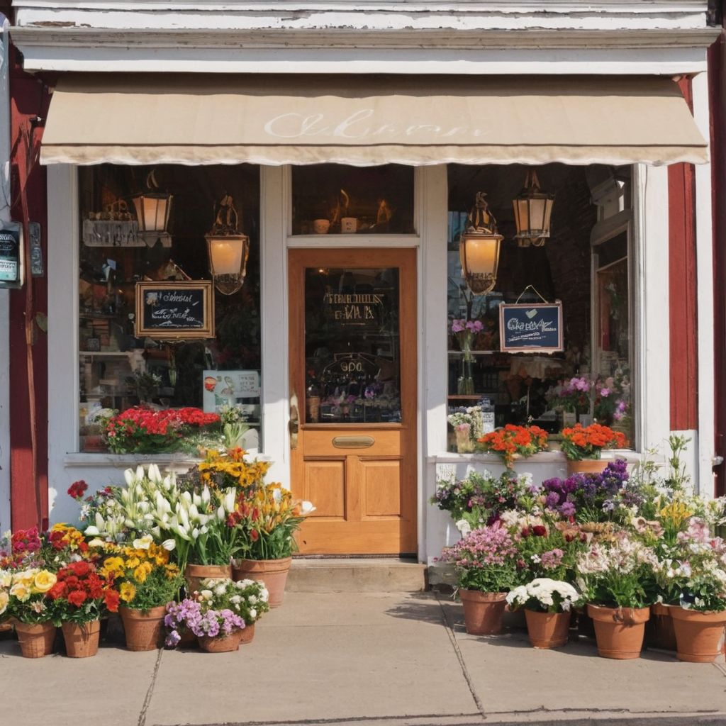 A quaint local store front decorated with flowers and signage, bustling with customers, in a small town setting, Photographic, captured with a sharp focus lens in natural light.