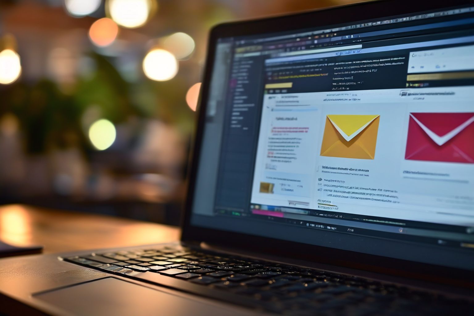Close-up of an email inbox on a computer screen displaying various marketing emails, in an office setting, Photograph, detailed capture with sharp focus and soft ambient lighting.