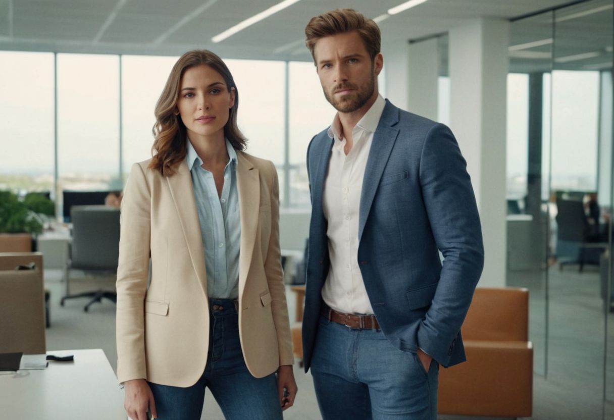A man and woman dressed in semi-casual office attire, featuring a blazer with jeans and a smart blouse with trousers, in a light, modern office setting, Photographic, Photography with a medium telephoto lens, soft natural light.