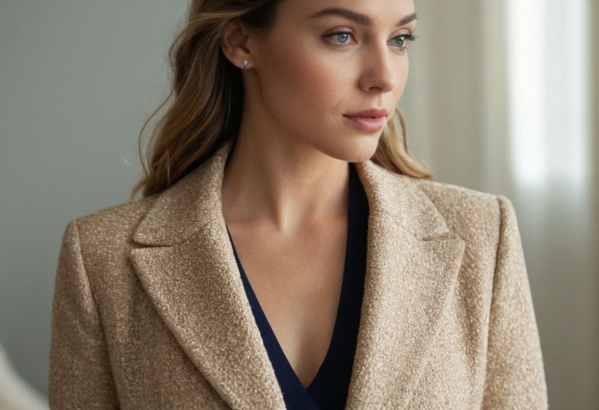 Close-up of a semi-casual outfit, focusing on the texture and style of fabric that combines comfort and elegance, in a well-lit setting, Photographic, Macro Photography with sharp focus and detailed texture.