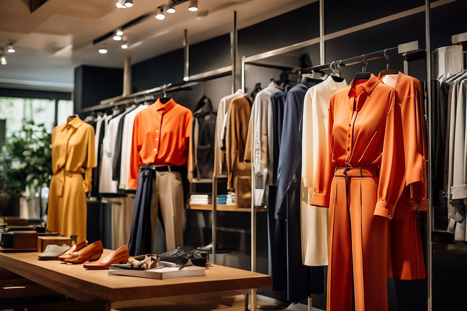 A selection of functional yet stylish casual office clothes displayed on mannequins, including blouses, trousers, and comfortable shoes, set in a modern clothing store environment, Photographic, Photography with a Sony Alpha 7R IV, medium telephoto lens, soft natural light to create a welcoming atmosphere.