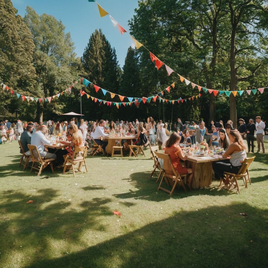 A festive outdoor office party with decorations, employees interacting joyfully, a bright and colorful setup in a sunny park, cheerful and vibrant atmosphere, Photographic, captured with a wide-angle lens in natural sunlight.