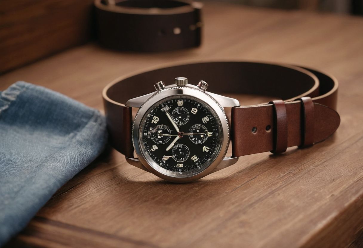 A close-up of a neat casual outfit with stylish accessories like watches and belts, on a wooden mannequin, under soft studio lighting, captured in a highly detailed, photographic style, using a macro lens for fine details.