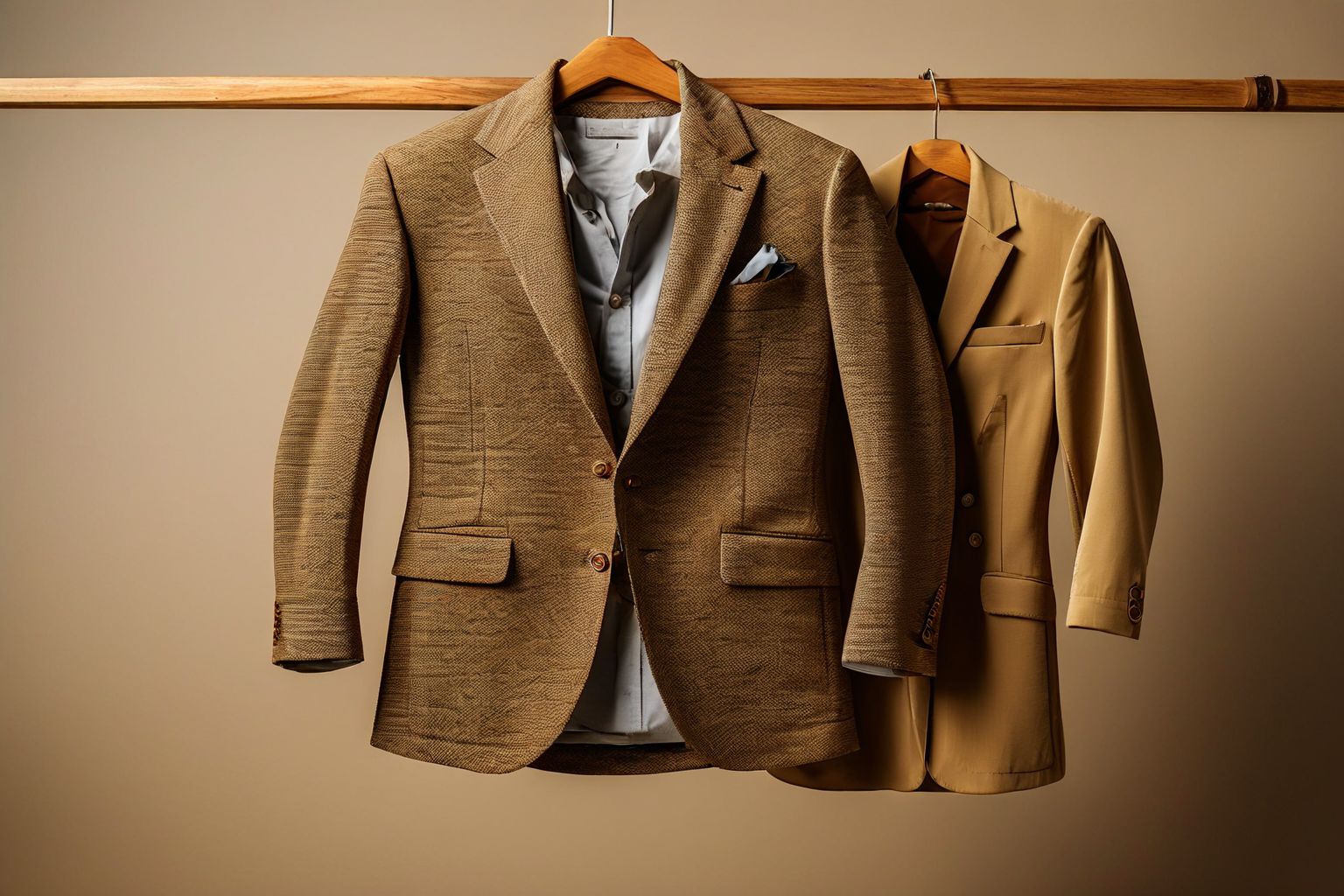 An elegant display of smart casual clothing including a blazer, shirt, and chinos on a wooden hanger against a neutral background, Photographic, Photography with a medium telephoto lens focusing on the textures and colors in high resolution.