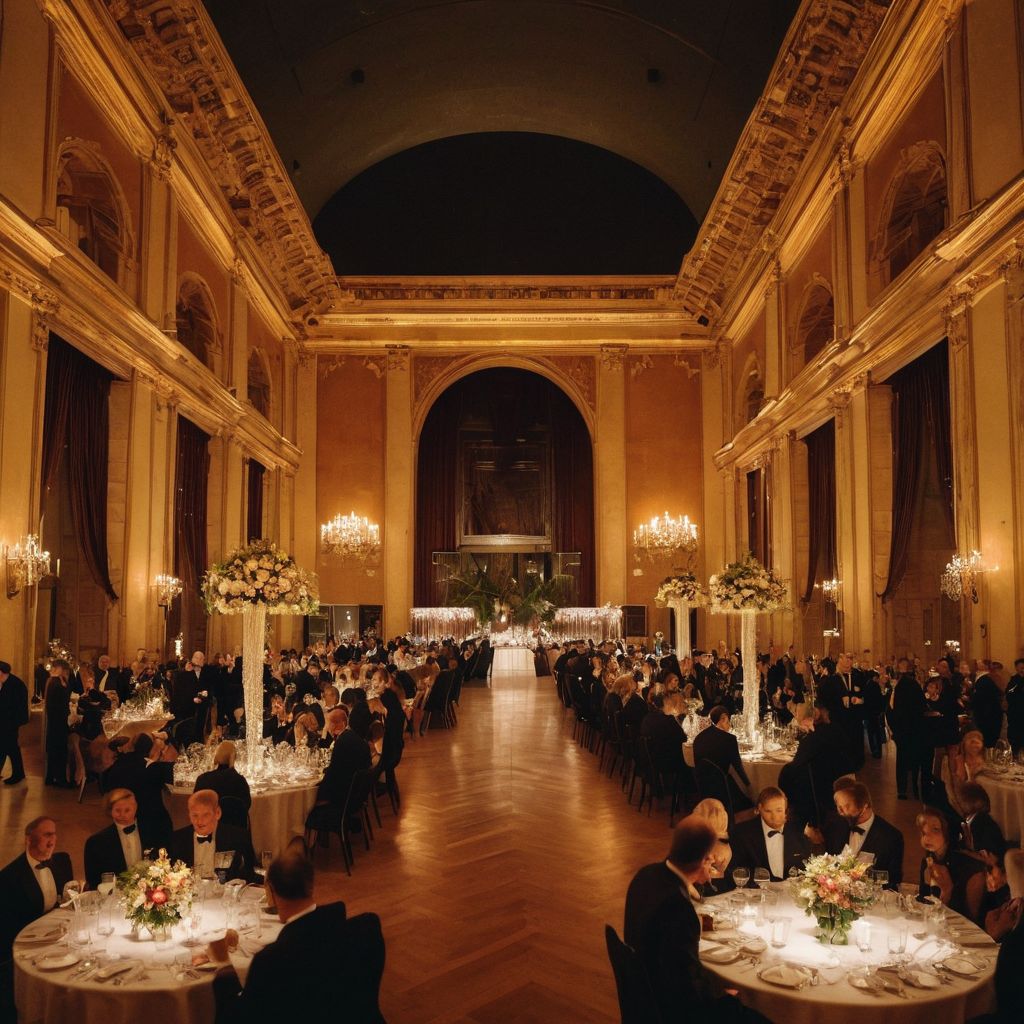 Elegant gala dinner setup in a large hall with tables decorated and guests mingling, luxurious and celebratory mood, Photographic, wide-angle shot with ambient lighting, high resolution.