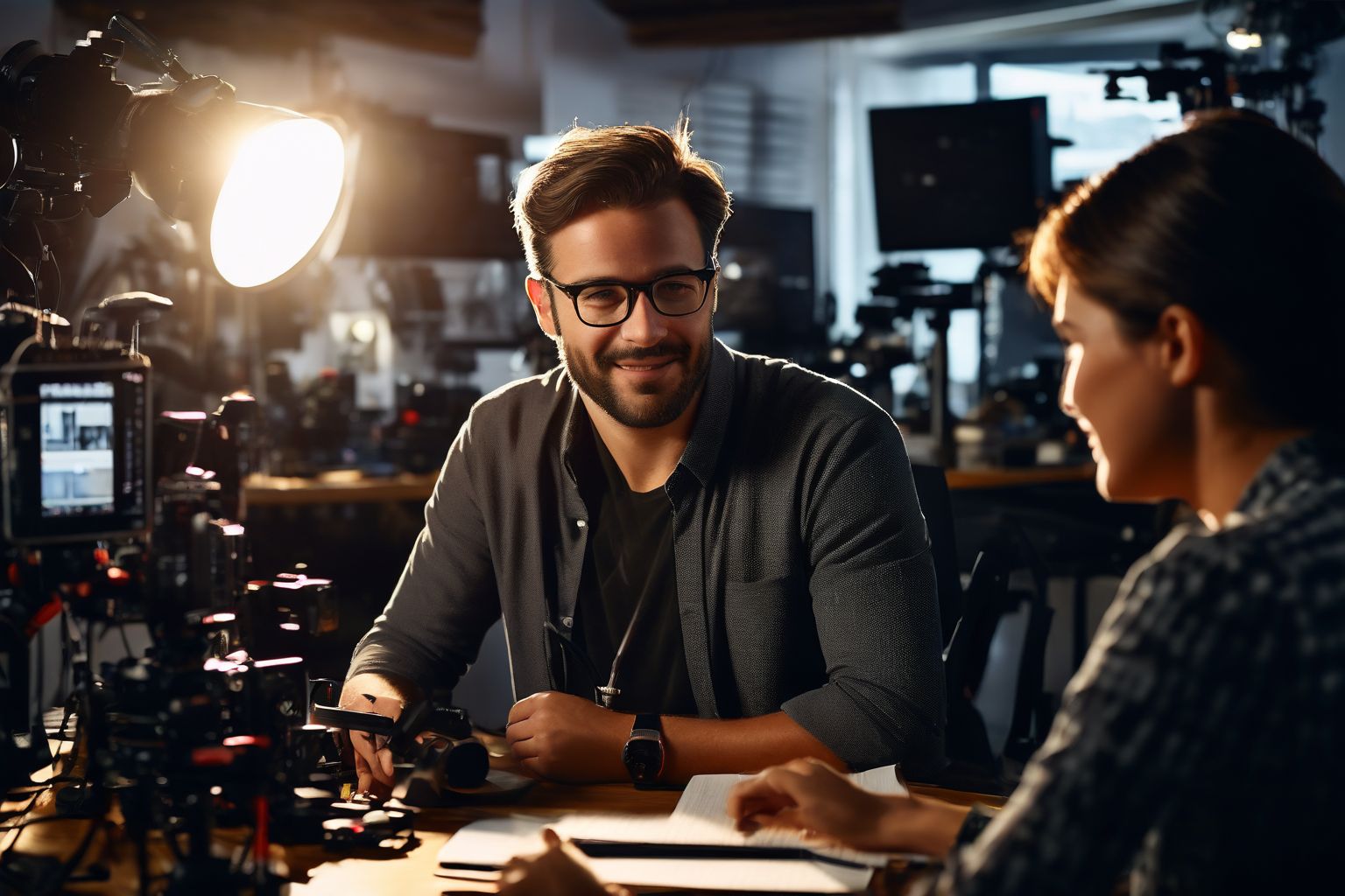 Filmmaker interviewing an employee, camera and lighting setup in an office, focused and professional atmosphere, Photographic, close-up shot, professional lighting, high resolution.