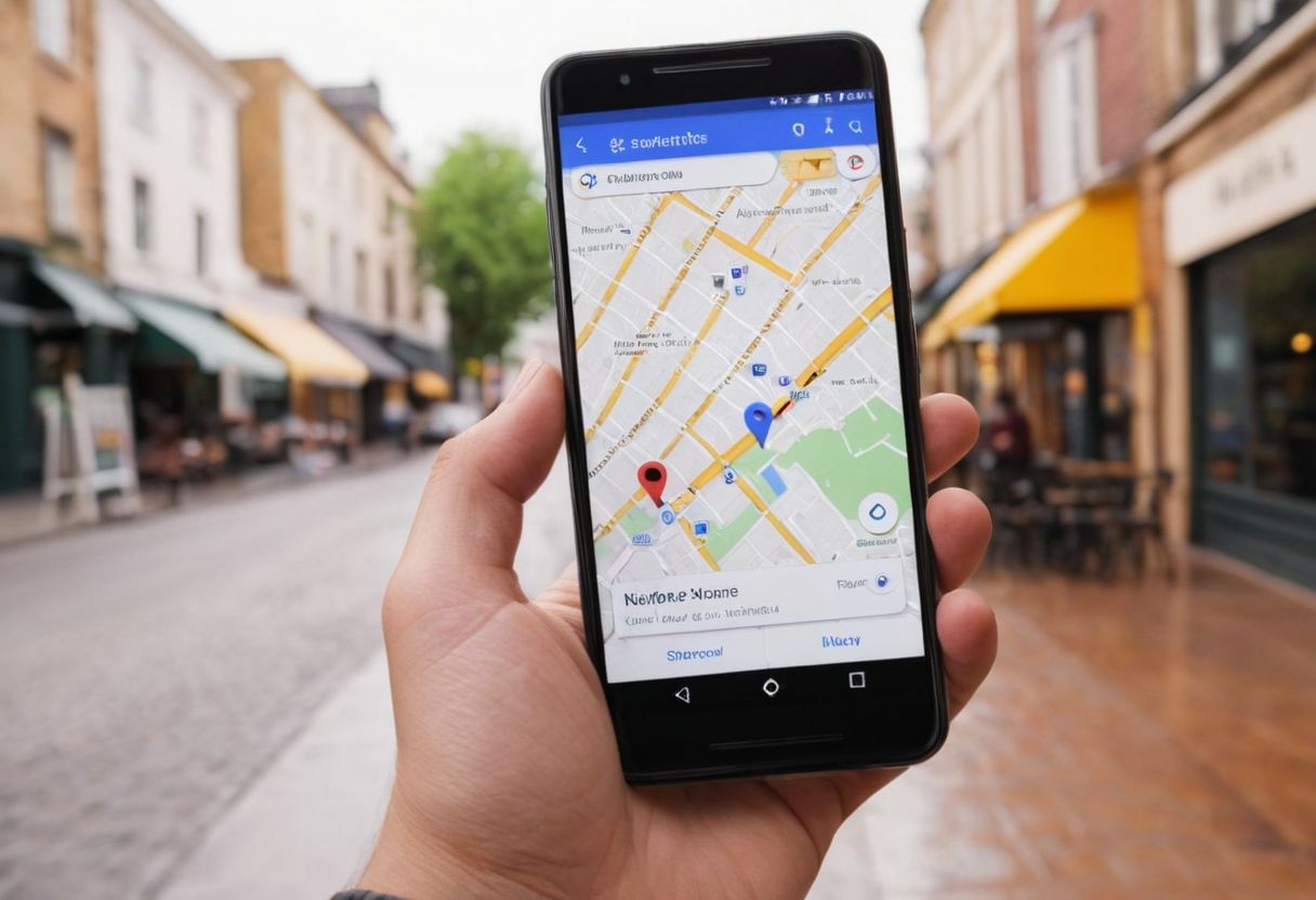 A close-up of a smartphone displaying a local search on Google Maps, showing nearby businesses highlighted, day time in a café.