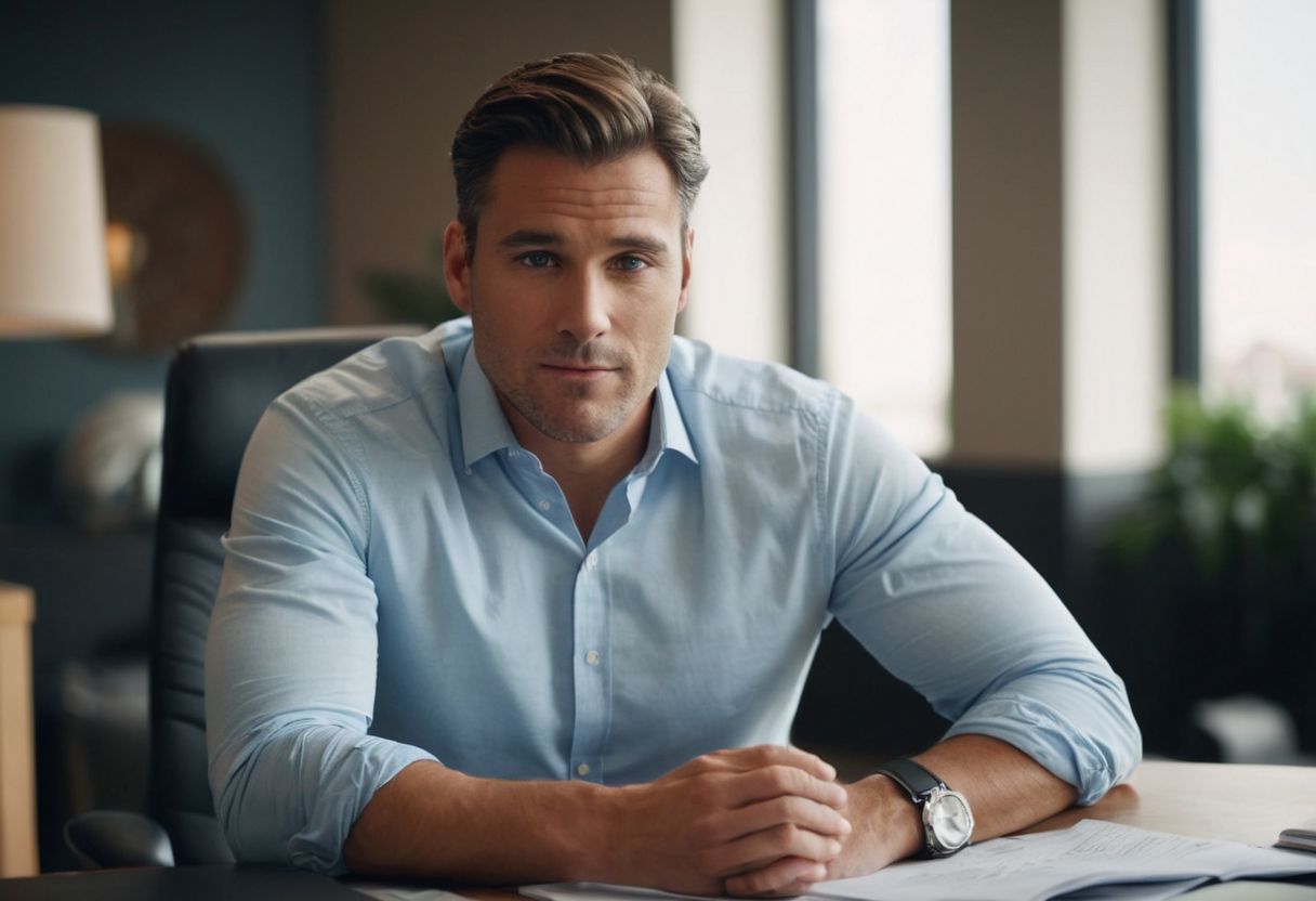 A professional in smart casual attire working in a relaxed office environment, soft natural light, Photographic, captured with a 35mm lens to highlight details and setting.